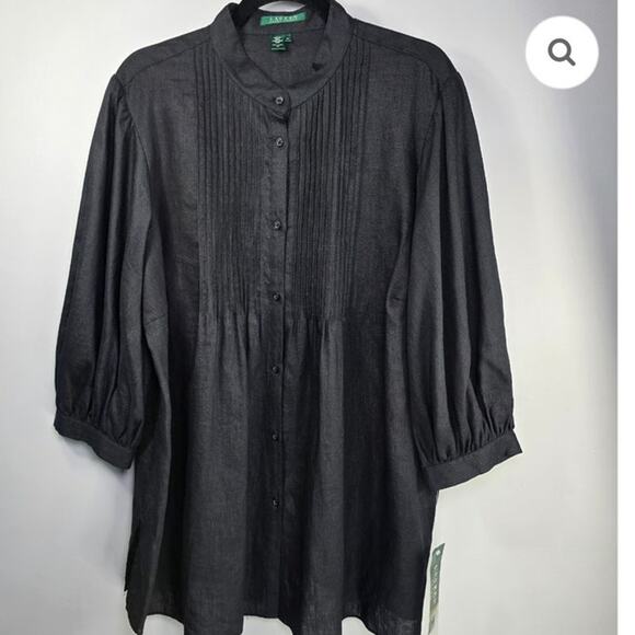 Lauren Ralph Lauren Pintuck Pleat Band Collar 3/4 Sleeve Linen Tunic Black sz l - Picture 2 of 11